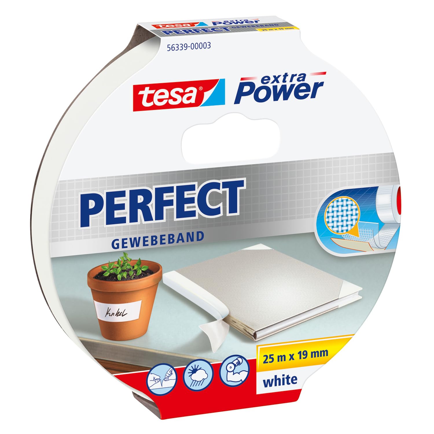tesa Extra Power Perfect Cloth Tape - Fabric-Reinforced Repairing Tape for Crafting, Repairing, Fastening, Reinforcing and Labelling - White - 25 m x 19 mm — image 1