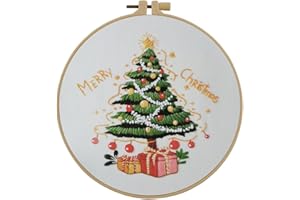 Esffaci Embroidery Starter Kit for Adult Beginner with Xmas Tree Pattern Stamped Cross Stitch Set with Embroidery Cloth Hoop Needle Threader Embroidery Floss and Instruction