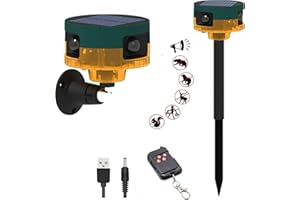 HULPPRE Solar Outdoor Motion Sensor Alarm-Dog Barking&Gunshot Sound,130db Loud Noise Maker,Support Recording,13 Kinds of Sound Strobe Light with USB,Say Goodbye to The Intruders