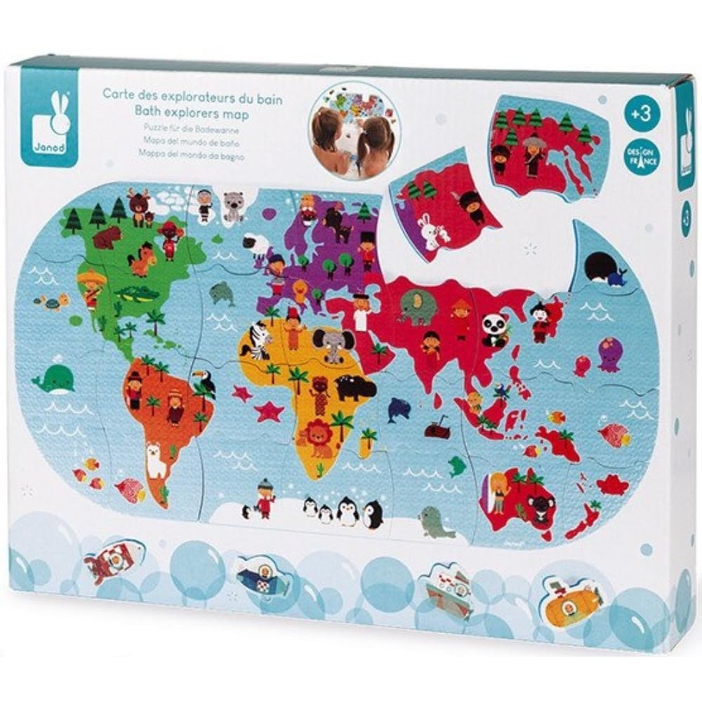 Janod - Bath Explorers Map for Little Adventurers - 28 Waterproof Foam Pieces - Early Childhood Bath Toy - Handling and Dexterity - From 3 Years Old, J04719
