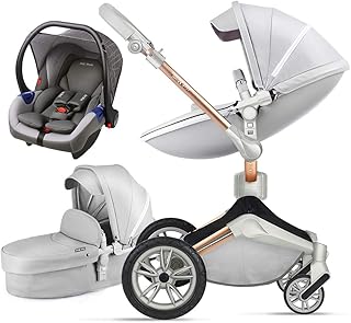 Hot Mom 3 in 1 Kombikinderwagen mit Buggy und Babywanne 360 Drehbar Kinderwagen, Hohe Landschaft PU-Leder Reversibele Aufsätze Federung in PU-Räder, 2020 neues Design-Grau