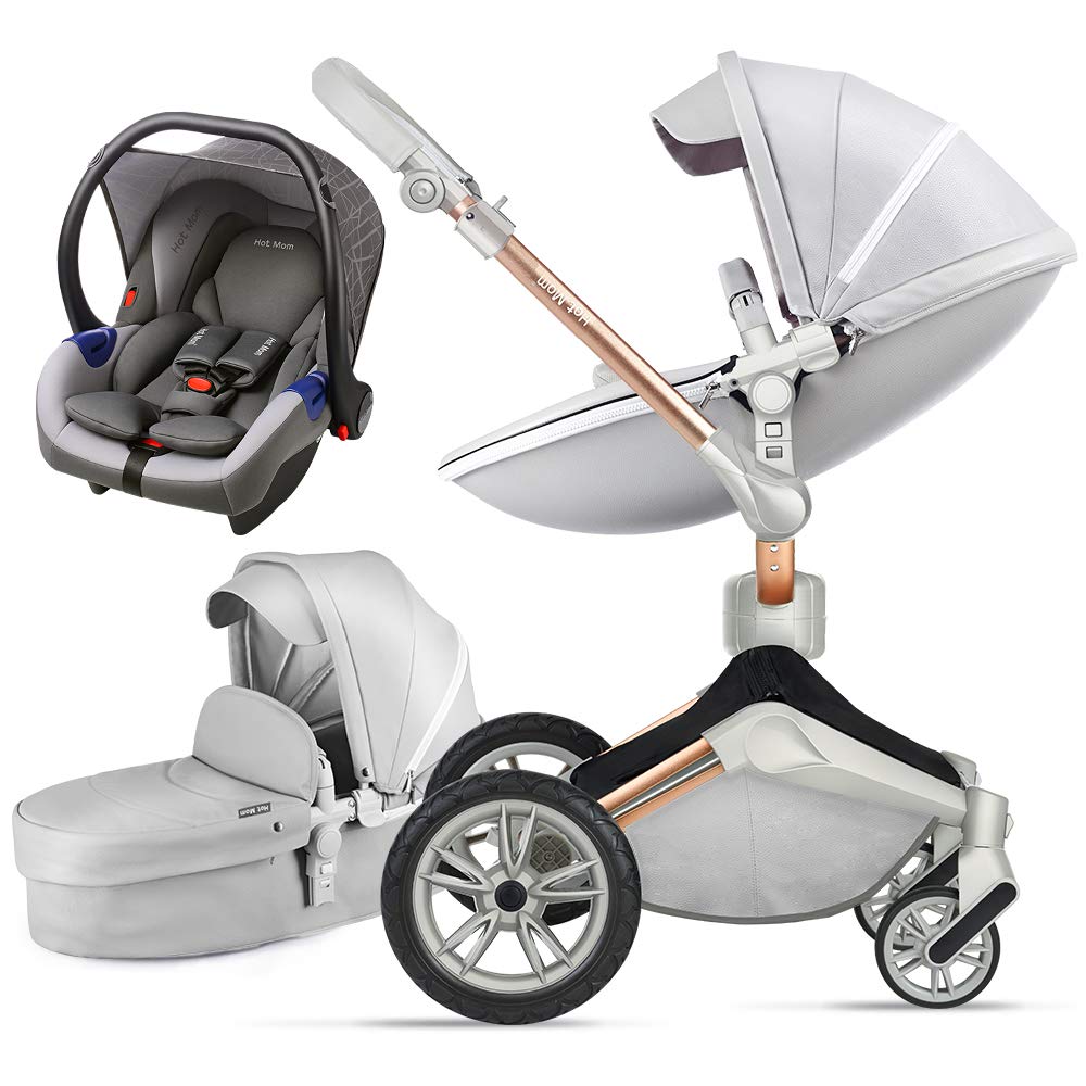 Hot Mom 3 in 1 Kombikinderwagen mit Buggy und Babywanne 360 Drehbar Kinderwagen, Hohe Landschaft PU-Leder Reversibele Aufsätze Federung in PU-Räder, 2020 neues Design-Grau