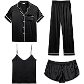 SWOMOG Womens Silk Satin Pajamas Sets 4pcs Sleepwear Sexy Cami Shorts Set and Button Down Short Sleeve Pjs Loungewear
