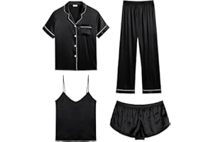 SWOMOG Womens 4pcs Pajamas Sets Silk Satin Sleepwear Sexy Cami with Button Down Short Sleeve Shirt Pjs Loungewear
