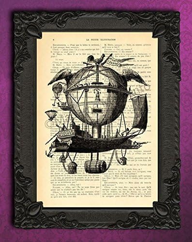 Fantasy hot air balloon art print Black white airship wings wall decor