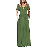 AUSELILY Maxi Dresses for Women 2026 Lace Short Sleeve V Neck Wrap Long Dress with Pockets