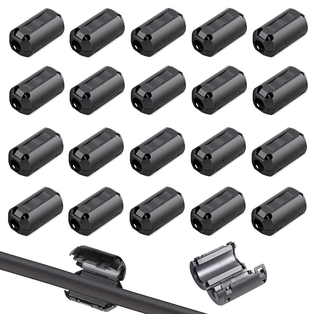 QitinDasen 20Pcs Black Clip-on Ferrite Ring Core, RFI EMI Noise Suppressor Cable Clip, Anti-Interference High-Frequency Filter, for USB Data Speaker Cable (3.5mm Inner Diameter)