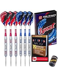 Ignat Games Steel Tip Darts - Professional Darts with Spinning Shafts and 2 Style Flights + Dart Sharpener + Case, 23g Brass Darts