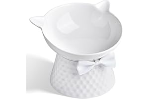 TRUNDISAN Ceramic Raised Cat Bowl with Stand and Bow Tie, Tilted Elevated Anti-Vomit Cat Dish for Whisker Relief, Microwave & Dishwasher Safe, Cute Pet Food Bowl for Cats and Small Dogs