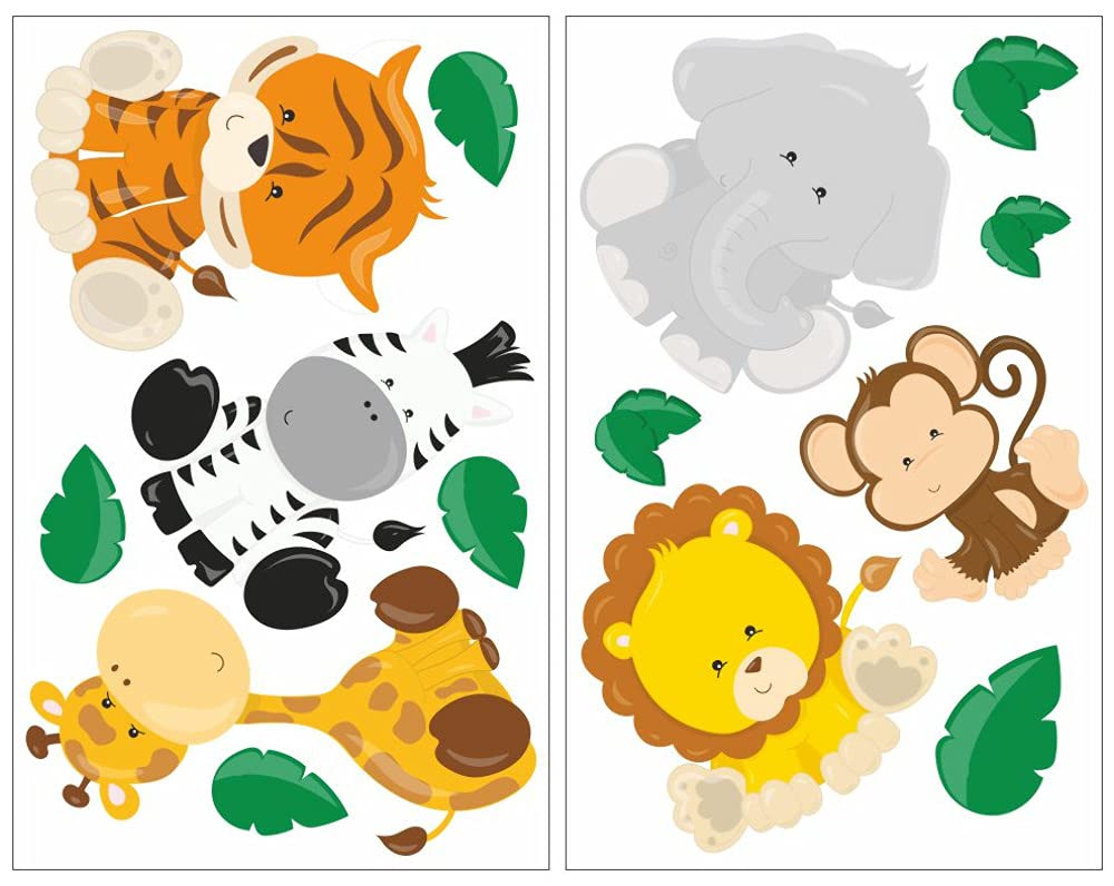 Samunshi® Wall Sticker Set 14 Piece Jungle Animals Lion Giraffe Monkey Nursery Baby Room, multicoloured, 2x 21x34cm
