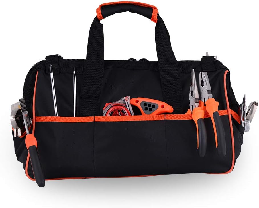 17-Inch Water Proof Multi-Compartment Pocket Tradesman's Wide Mouth Storage Tool Bag with Adjustable Shoulder Strap Bag - - 