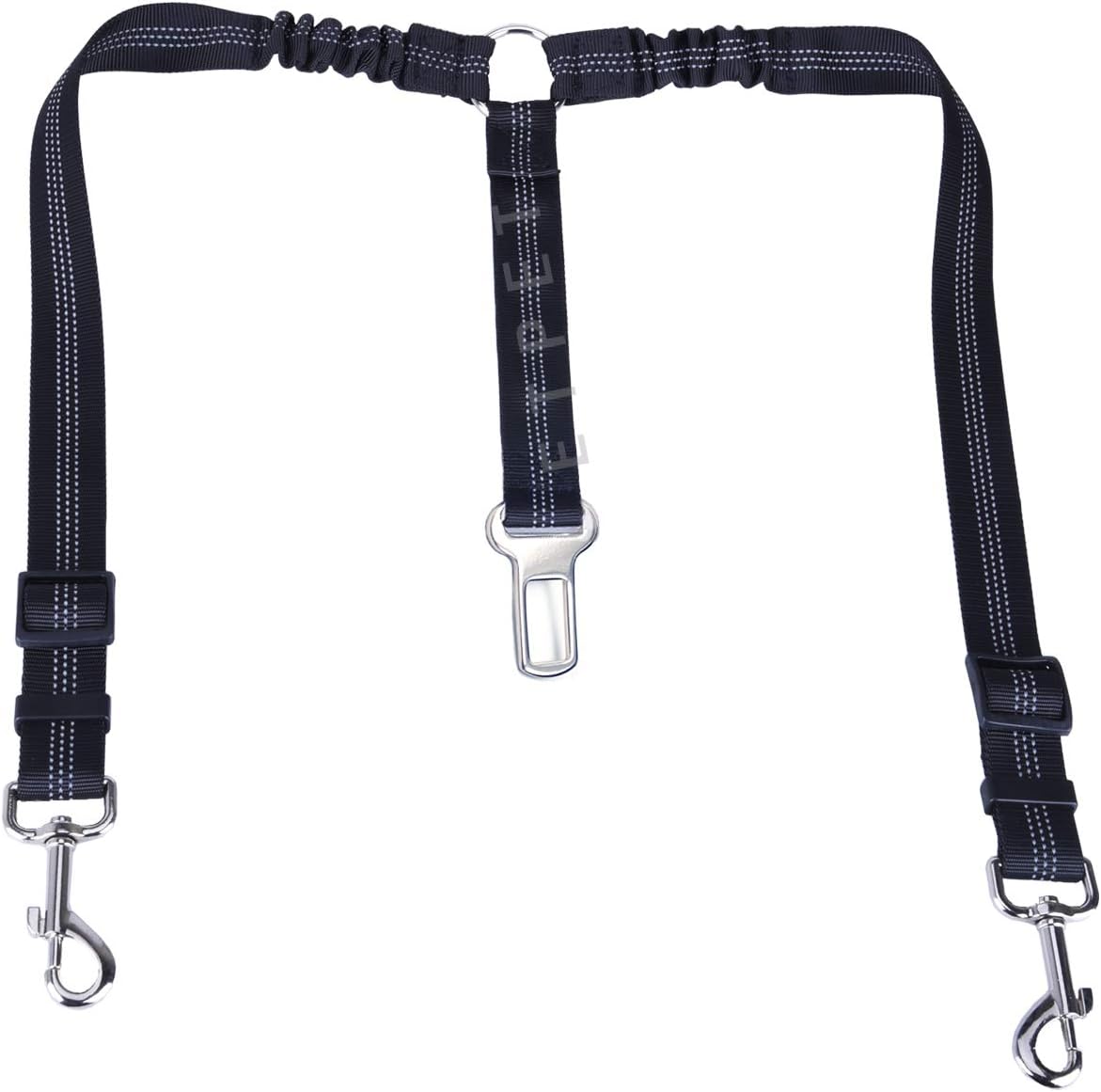 ETPET Dual Dog Leash Car Seat Belt Double Pet Leashes Adjustable Tethers Leads Vehicle Seatbelt Travel Rope with Comfortable Filling 2 Handles Elastic Bungee Reflective Stripe for Two Dogs