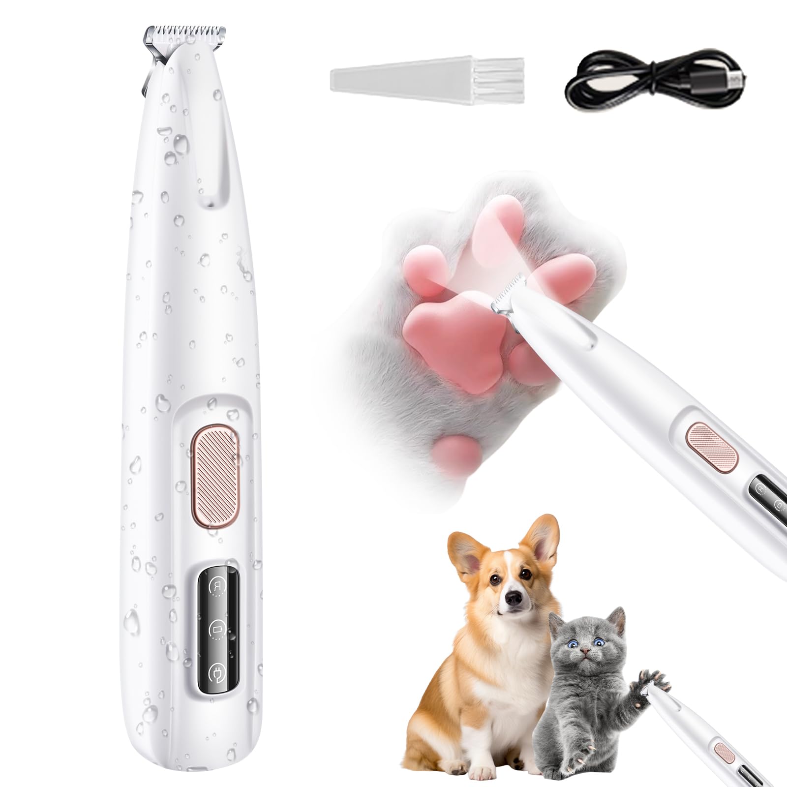 Upgraded Cordless Pet Trimmer with LED Light, 18 mm Widen Blade, Low Noise, LED Display for Dogs, Cats Trimming Paws, Eyes, Ears