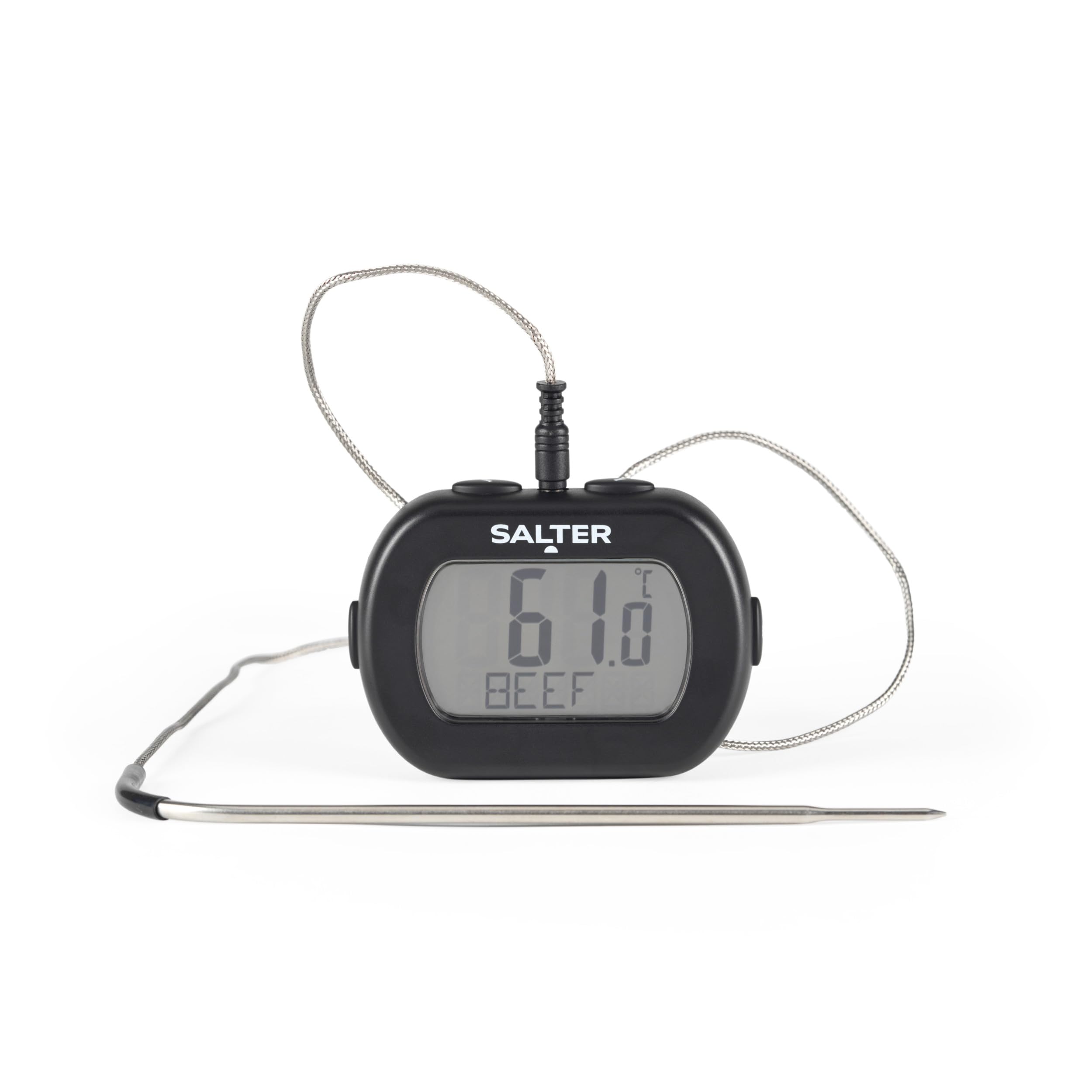 Salter 515 BKCR Leave-In Digital Meat Thermometer – Temperature Probe for Air Fryers, Food Thermometer for Kitchen, BBQ, Jam & Deep Frying, Pan Clip, 0.1°C Graduations, Stainless Steel Probe, Black