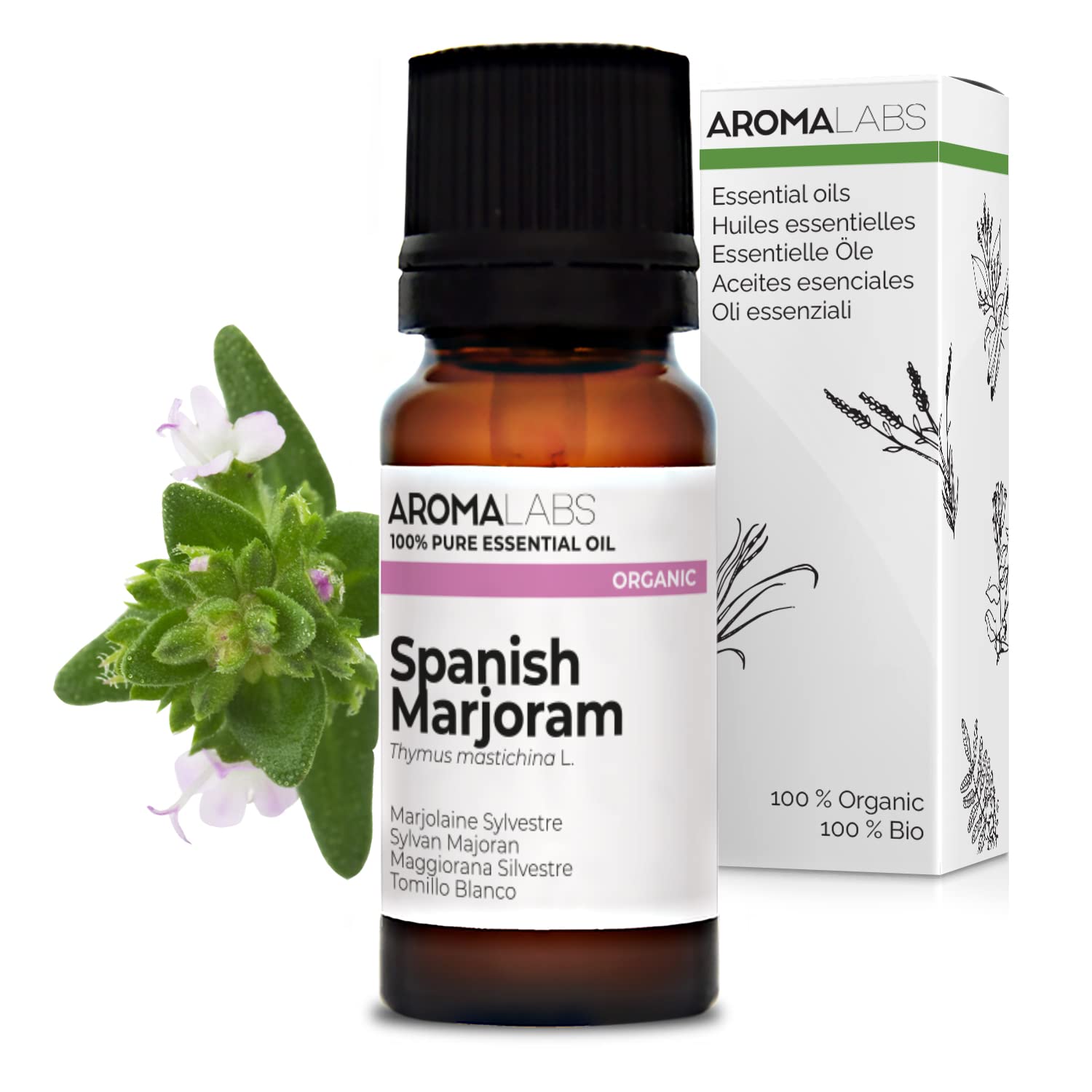 BIO - Spanish Marjoram Essential Oil - 10mL - 100% Pure, Natural, Chemotyped and AB/Cosmos Certified - AROMA LABS (French Brand)
