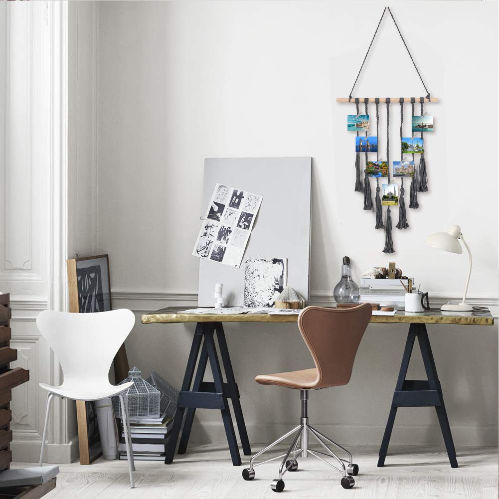 VGOODALL Wall Hanging Photo Display,Macrame Wall Decor Photo Organizer Tassel Wall Hangings Thanksgiving Gift Christmas Decorations(Dark Gray)