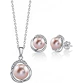 The Pearl Source 8mm & 9mm Freshwater Cultured Pearl & Cubic Zirconia Johnson Pendant & Earrings for Women (Pink)