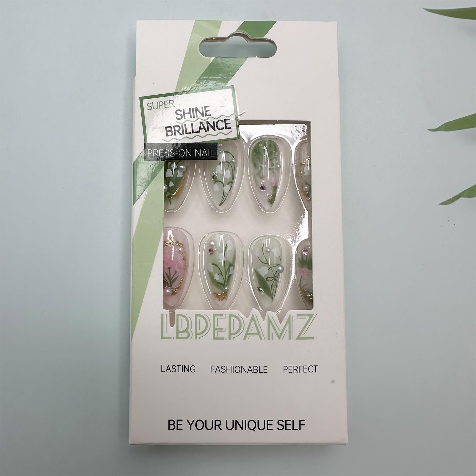 LBPEPAMZ Green Press on Nails Medium Almond Fake Nails with 3D Pearl Rhinestones Designs Gold French Tips Flower Acrylic Nails False Nails White Floral Full Cover Glossy Stick on Nails for Women 24Pcs - Image 7