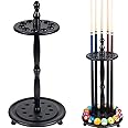 Collapsar Pool Stick Holder Floor Stand,Billiard Cue Rack Holds 10 Cues and a Full Set of Balls,Solid Wood Pool Cue Rack