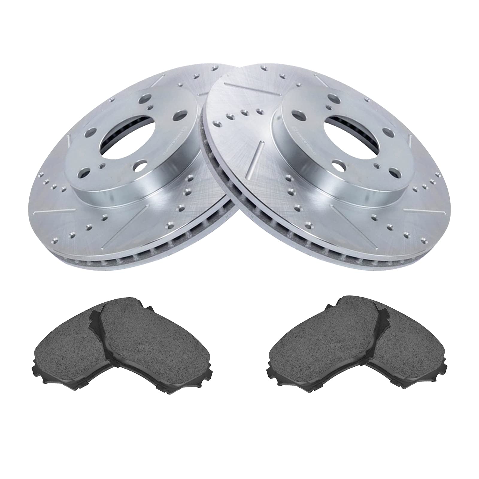 TRQ Front Brake Pad and Rotor Set Ceramic Drilled Slotted Coated Vented Rotors Compatible with 2001-2005 Toyota RAV4 Image