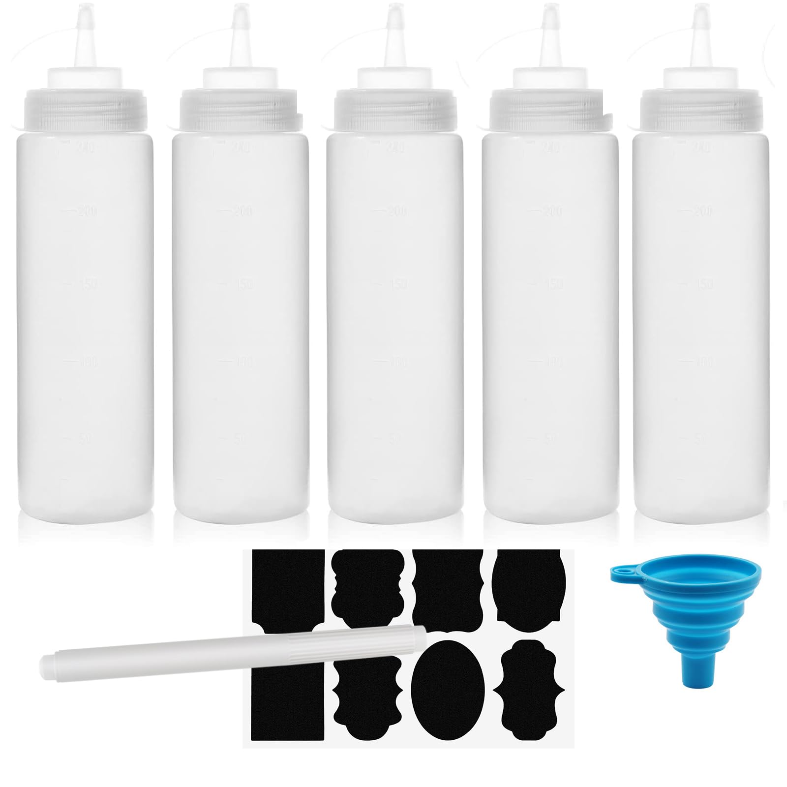 Chetexus 5 Pack Squeeze Bottle, 8oz 240ml Squeezy Sauce Bottles, Plastic Squeeze Dispensers with Measurements for Ketchup, BBQ, Sauces, Syrup, Dressings (8oz 5 pack)