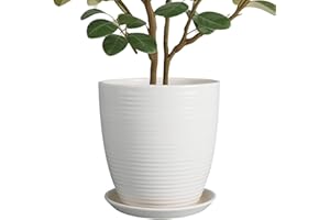 EPFamily 10 Inch Ceramic Planter Pot - Large Plant Pot with Drainage Hole and Saucer, Modern Round Flower Pots for Indoor Outdoor Plants, Garden Planter, White