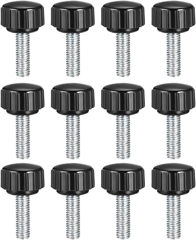 sourcing map 12pcs Knurled Clamping Knobs M5 x 20mm Metric Zinc Plated Carbon Steel Male Thread Thumb Screw on Type 15mm Plastic Round Head Threaded Hand Bolt Stud Knobs Black
