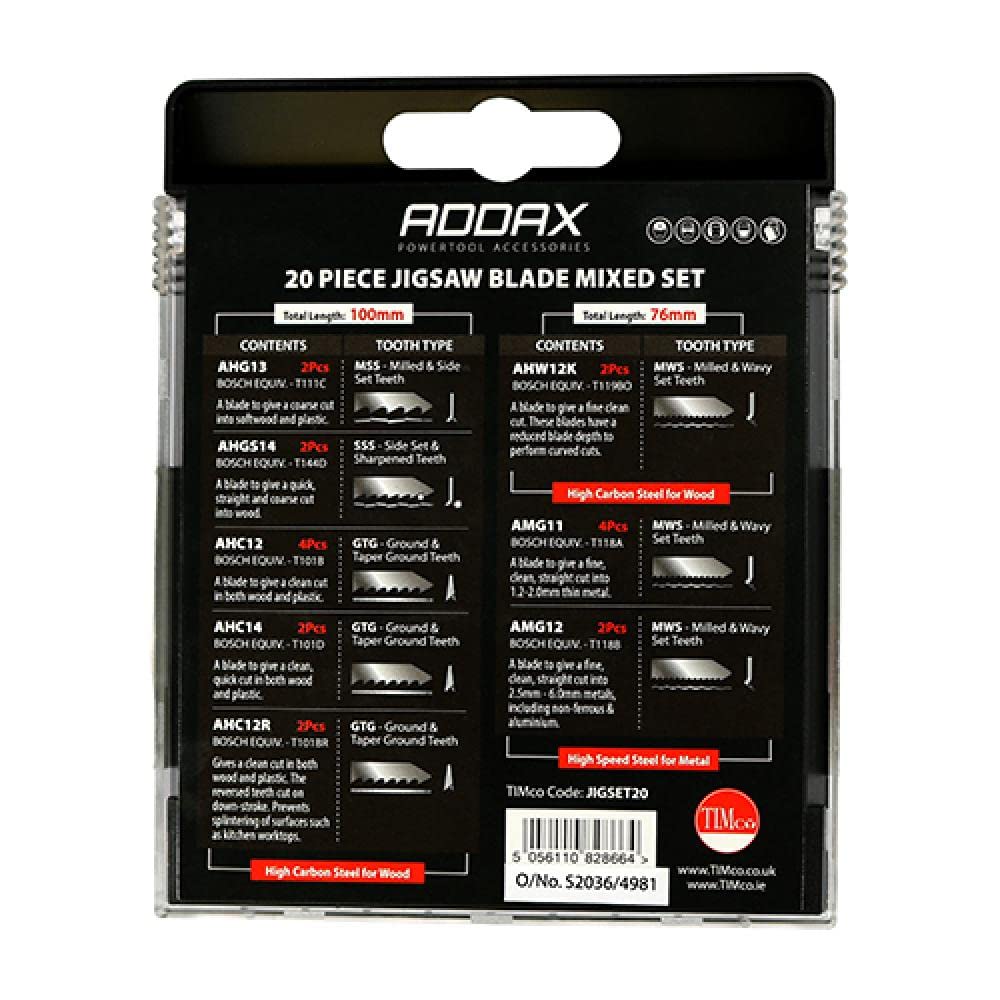 TIMCO Mixed Jigsaw Set - Wood & Metal Cutting - High Carbon Steel & HSS Blades - 20 Pieces