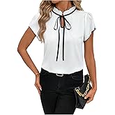 Floerns Women's Elegant Tie Neck Shirts Short Sleeve Business Dressy Casual Blouses Tops