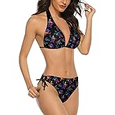 AuHomea Black Skulls and Roses Women's Sexy Swimsuits 2 Piece Bikini Sets Halter String Triangle Bathing Suit Swimwear,