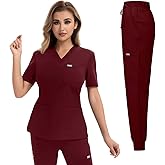 YEZEX Scrubs for Women Set, Medical Scrubs Top & Pants, Women's Jogger Scrub Set w/ 10 Pocket