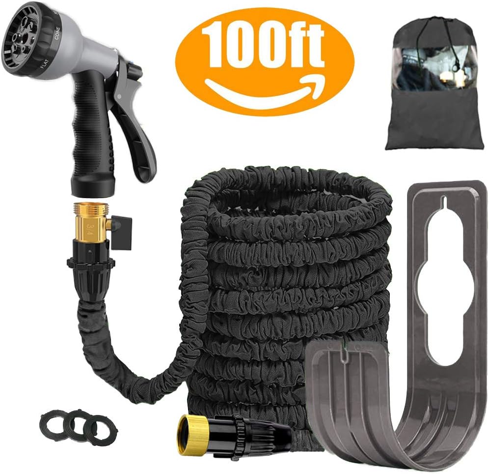 Liwiner Expandable Garden Hose Pipe - Lightweight, Durable& Felxible -Bonus 8 Function Spray Gun/Hose Hanger/Storage Bag/Brass Fittings, Best Choice for Watering and Washing (100FT-Black) : Garden & Outdoor