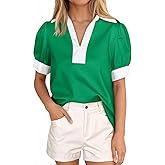 Tankaneo Womens Short Puff Sleeve Tops Summer Casual Color Block Blouses Lapel V Neck Loose Polo Shirts
