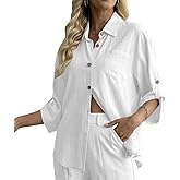 heipeiwa Women's Linen Button Down Shirts 3/4 Sleeves Casual Loose Collared Blouses Summer Vacation Tunic Tops
