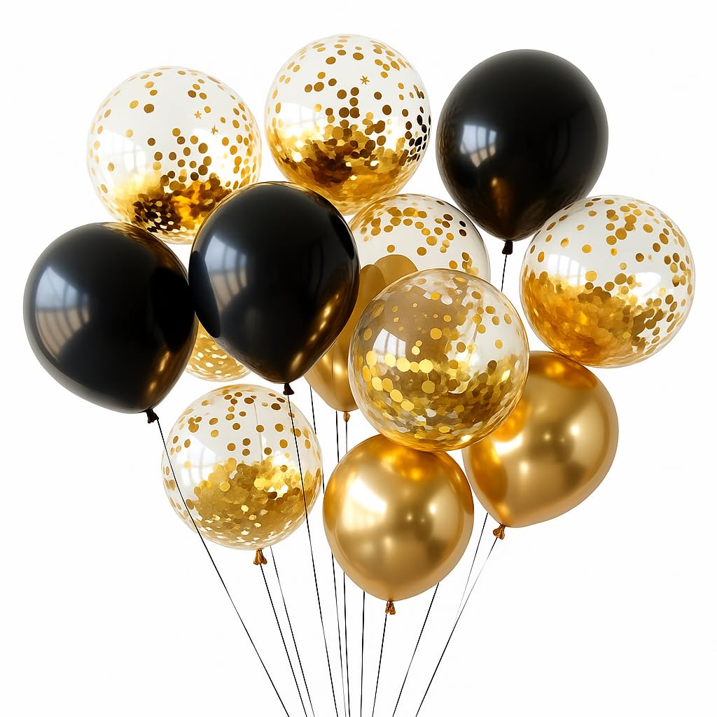 VIROSA Pack of 50 Black and Gold Confetti – 12-Inch Latex for Birthday, Party, Graduation, Anniversary, and New Year – Air and Helium Fillable Party Decor