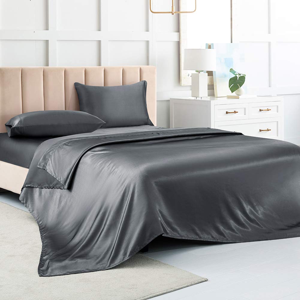 Satin Bed Sheet, King Size Sheet-Dark Grey Sheets for King Beds-4 Pcs Silky Bed Sheet Set with 1 Deep Pocket Fitted Sheet,1 Flat Sheet,2 Pillowcases