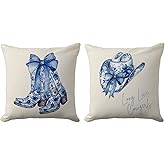 Western Pillow Covers 18x18 Set of 2 – Blue Floral Cowboy Boots and Hat Throw Pillow Cases with Bows – Farmhouse Country Cushion Covers for Rustic Ranch or Rodeo Decor (Beige)