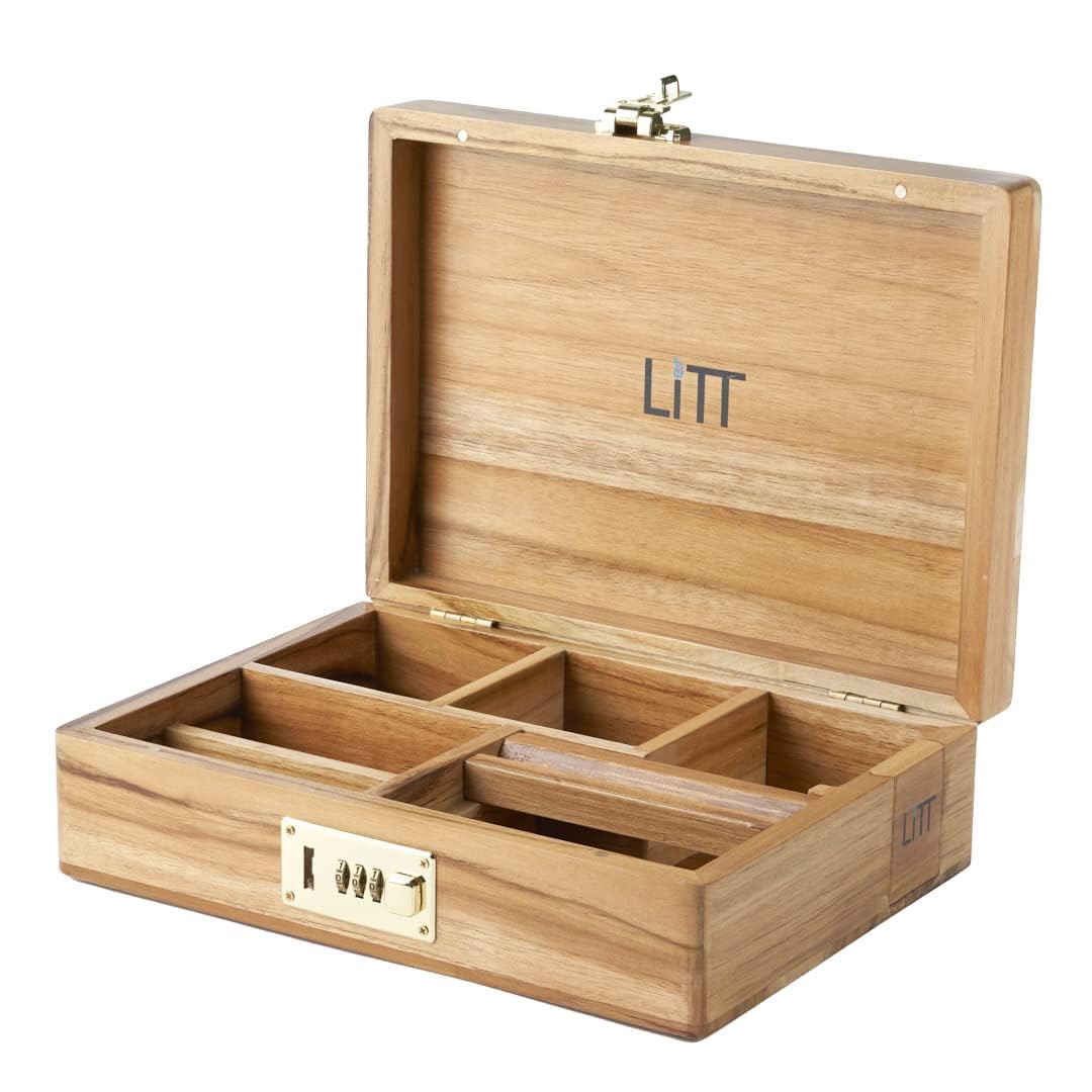 Litt Portable Teak Wooden Stash Box - Rolling Storage Set with Tray, Rolling Accessory with Lid - Rolling Accessories with Discreet Secure Storage - Handcrafted Compact Table Organiser (With Lock)