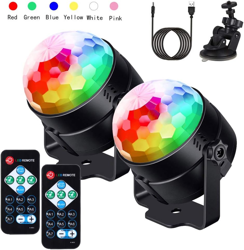 [Updated] Litake USB Party Lights Disco Ball Strobe Light with Sucker, Latest 6-Color LEDs 7 Patterns Sound Activated with Remote Dj Disco Stage Lights for Party Bar Car Dance Xmas Show Home-2 Pack