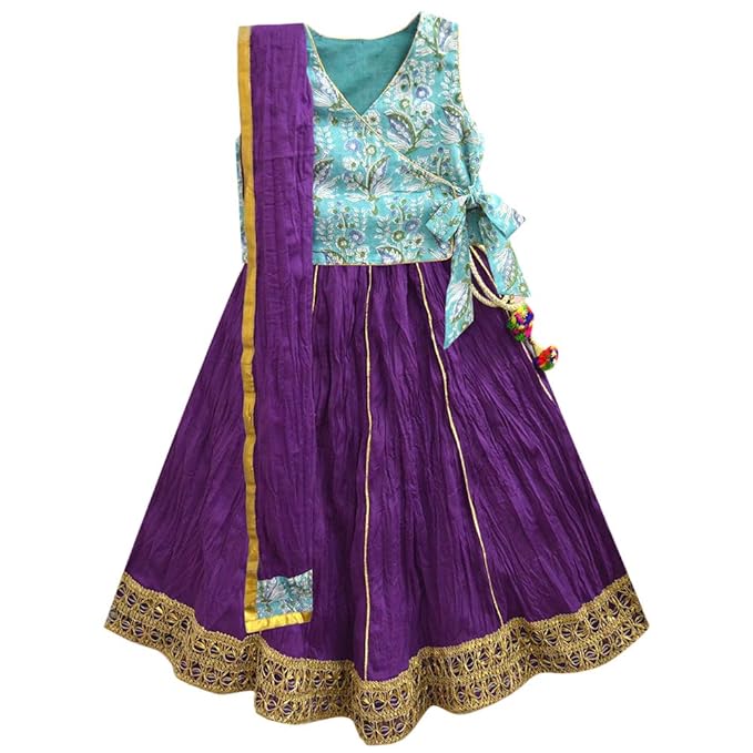A.T.U.N by Hopscotch Baby Girls Cotton Sea Fresh Floret Block Print- Amethyst Kimono Tie-Up Three Piece Lehenga Set in Blue Color
