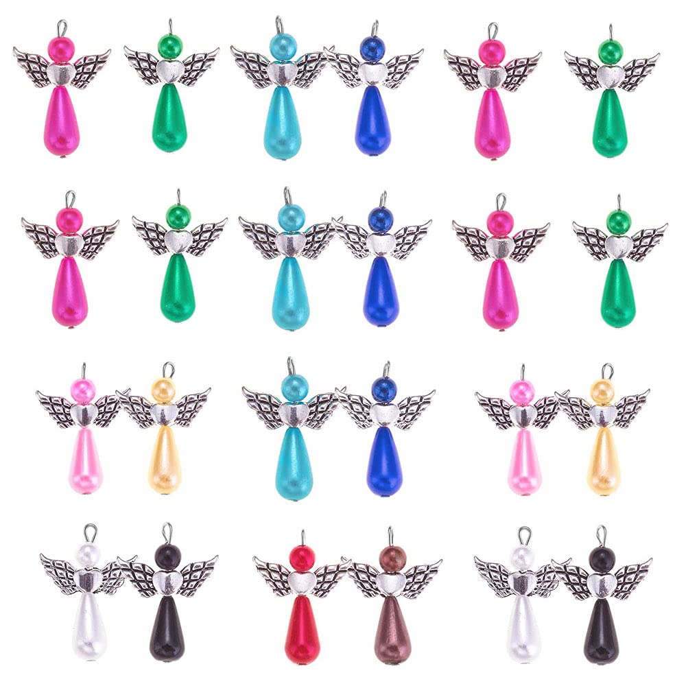 Darwery 40Pcs Mixed Color Angel Wing Pendant Handmade Pearl Alloy Angel Charms Pendant Fairy Charms for Jewelry Making and Crafting
