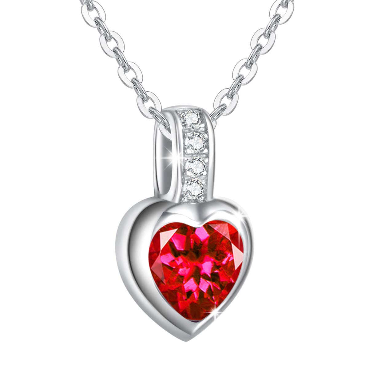 AGVANA Love Heart Birthstone Necklaces 925 Sterling Silver with White Gold Plated July Birthstone Created Red Ruby Fine Jewellery Birthday Gift for Women Girls, Length: 16 + 2 Inch — image 1