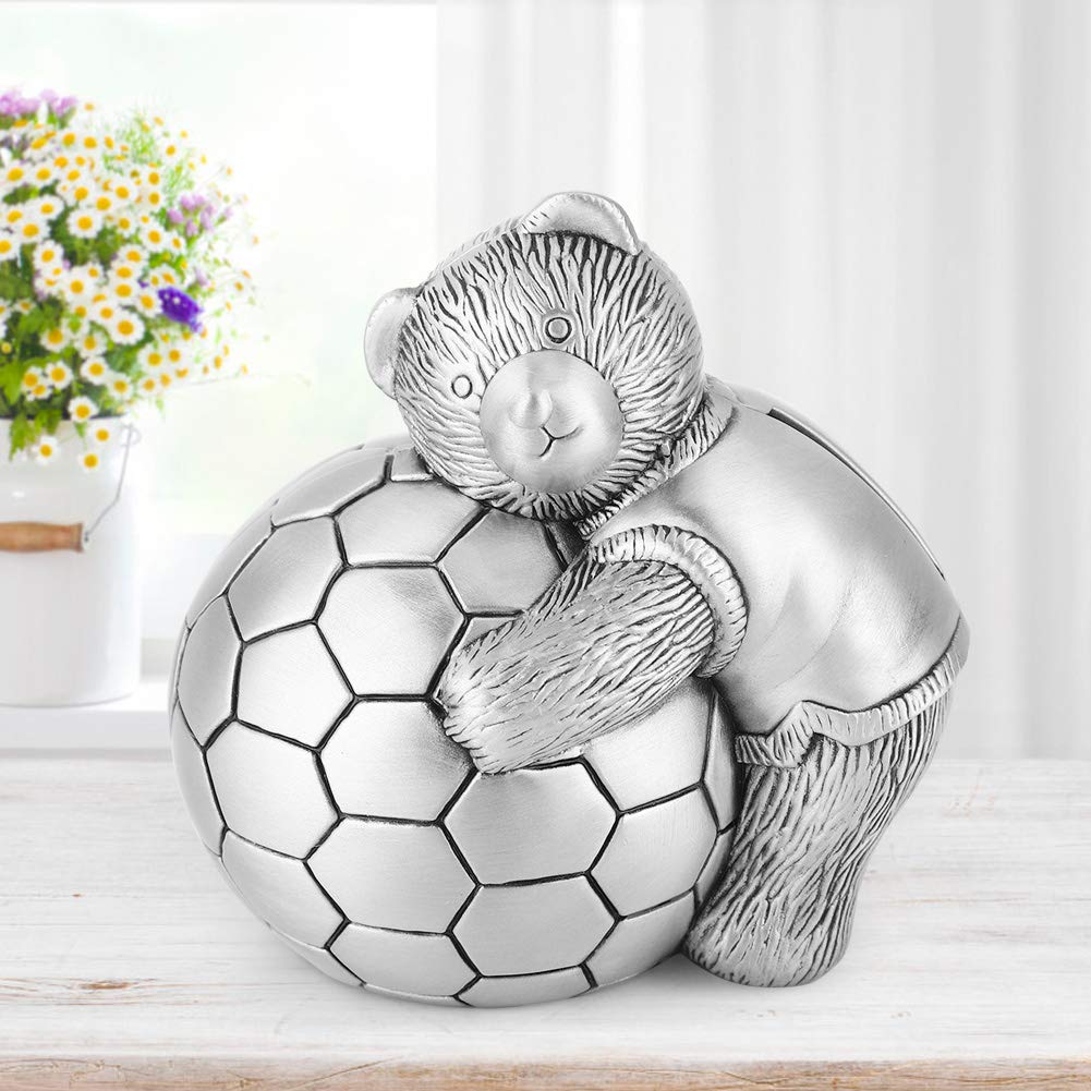 Antique Silver Bear & Football Money Box, Zinc Alloy Coin Saving Pot, for Kids & Football Lover