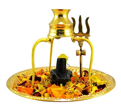 Amazing India Online Black Shaligram Shiva Ling Lingam Statue Hindu Puja Brass Plate with Kalash Stand Decorative Pooja Thali Shivling Marble Stone Trishul Set Home Decore Religious Spiritual Temple