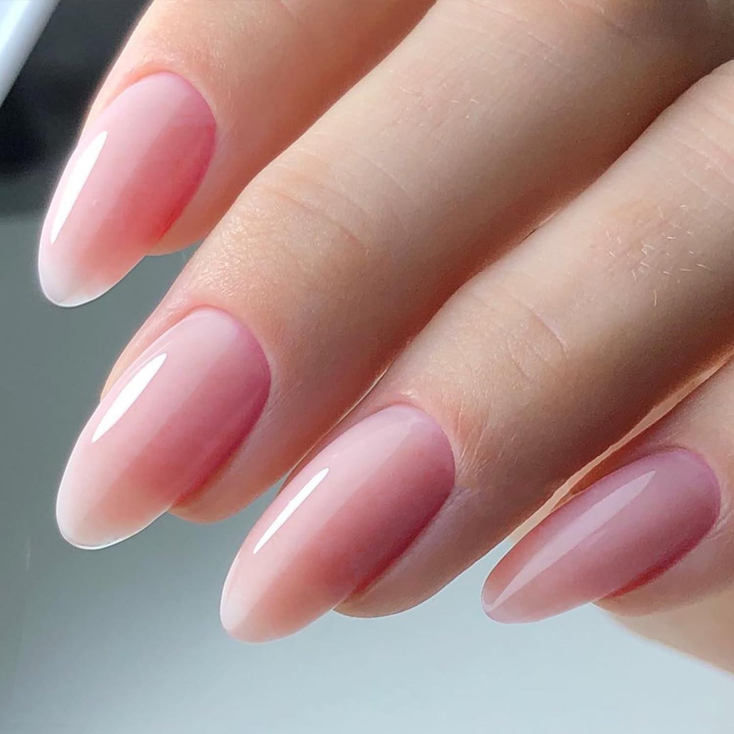 GLAMERMAID Nude Pink Press on Nails Medium Almond, Neutral Jelly Gel Glossy Fake Nails Stiletto, Pure Coral Short Oval Stick Glue on Nails Tip for Women, Reusable Acrylic Daily False Nail Manicure Kit - Image 3