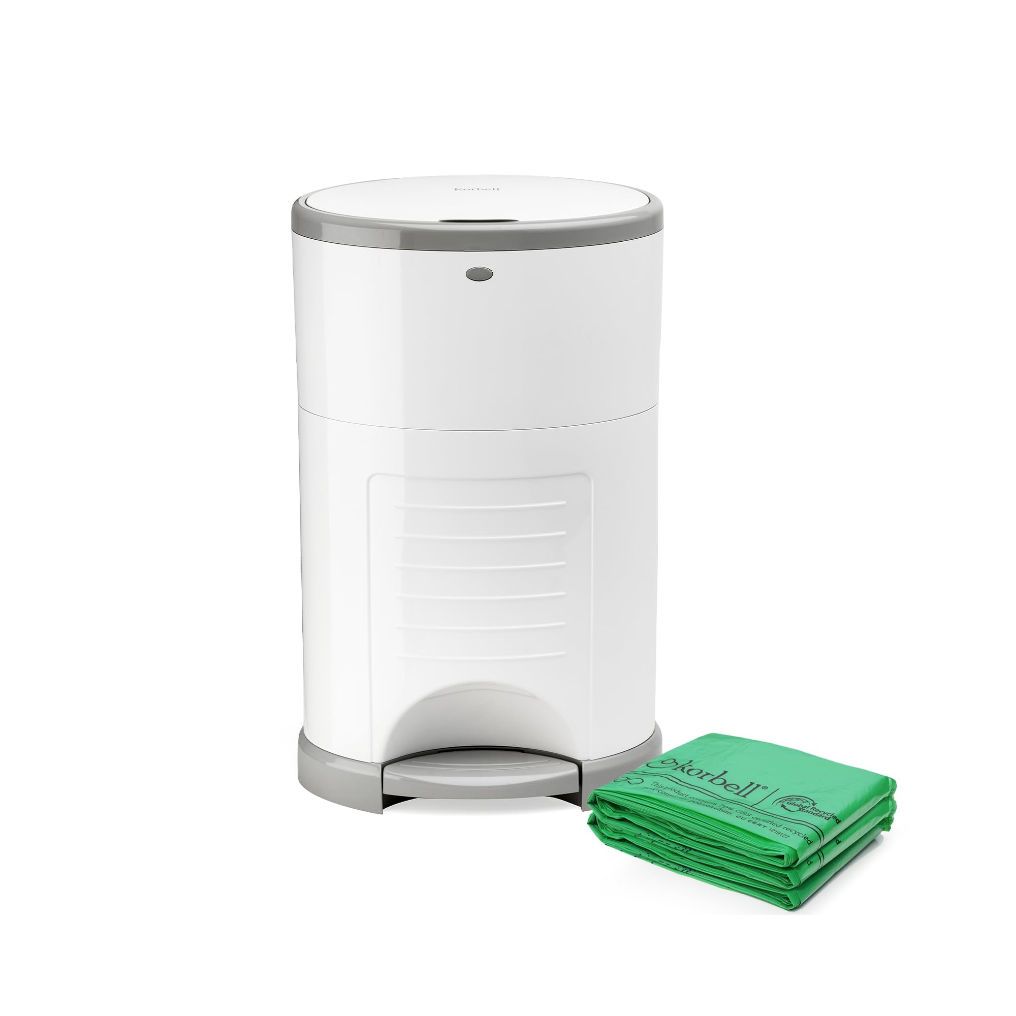 Korbell Plus Nappy Bin & Disposable Liner Bundle Lasting Up to 17 Months | 72 Weeks Hygienic, Odour Trapping & Hands Free | Includes 4 Packs of Biodegradable Liners | Pure White