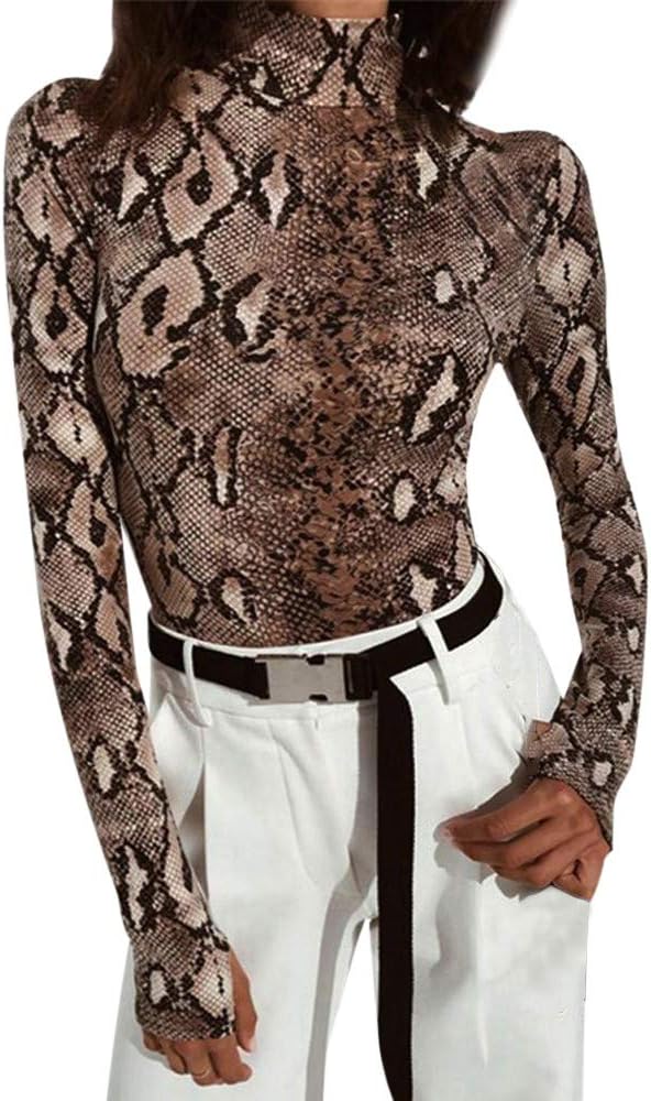 Women's Snake Print Long Sleeve Turtle Neck Tops Jumpsuit Bodysuit