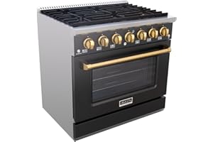 Akicon 36 Inch Freestanding Gas Range - Gas Oven Stove with 6 Sealed Burners, Heavy Duty Cast Iron Grates - 5.2 cu. ft. Capacity Rapid Convection Oven with Blue Porcelain Interior (Black & Gold)