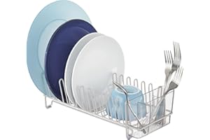 mDesign Kitchen Sink Dish Drainer – Metal and Plastic Dish Rack for Kitchen Sink – Dish Drying Rack with Drip Tray for Plates