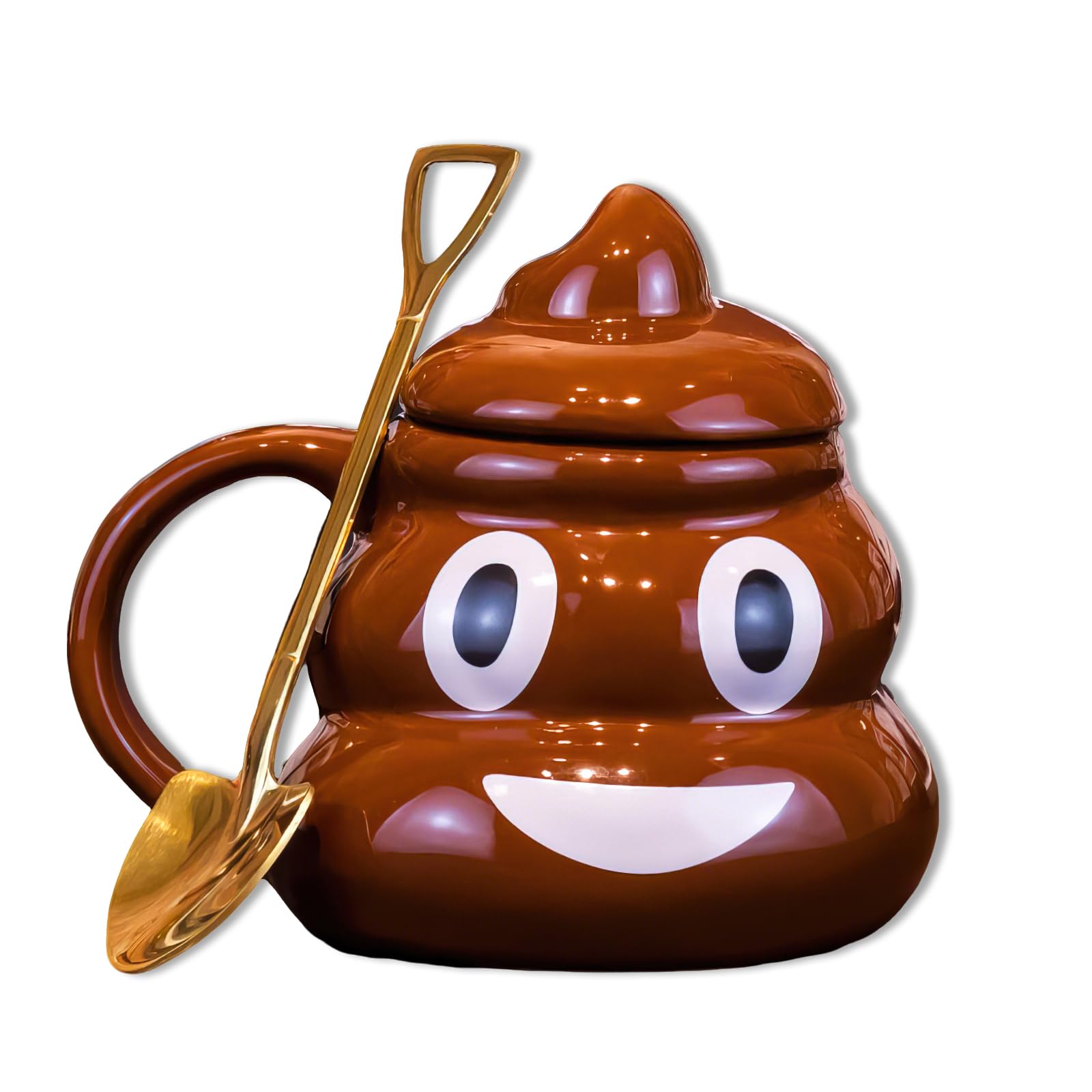 Photo 1 of 17oz Poop Ceramic Coffee Mugs with Golden Spoons, Brown Poop Shaped Ceramic Cup, Funny & Unique Gift Idea (Smile Cup)